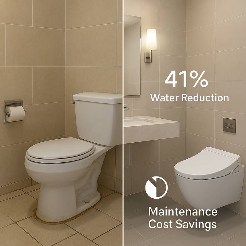 Before and after comparison of the hotel wall-mounted toilet renovation project